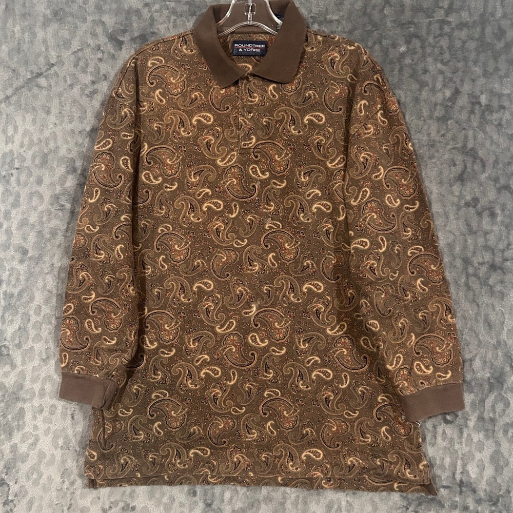 Roundtree & Yorke Mens Brown Paisley Long Sleeve Polo Shirt Cotton Size M